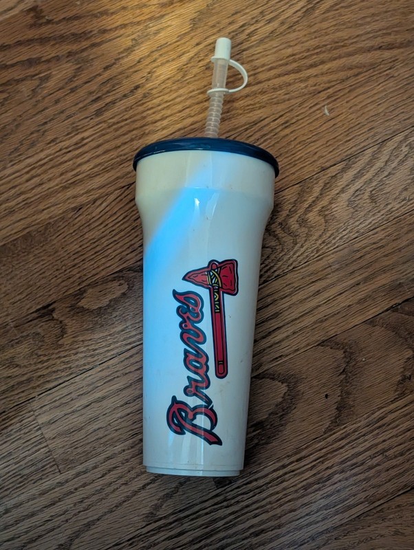 1990s Hard Plastic Reusable Atlanta Braves Souvenir Cup with Straw and Lid