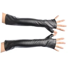  Black PU Faux Leather Long Arm Warmer Dress Up Fingerless Gloves Halloween 