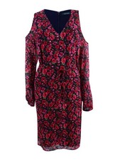 Lauren by Ralph Lauren Women's Floral-Print Cold-Shoulder Dress (10, Navy/Red)
