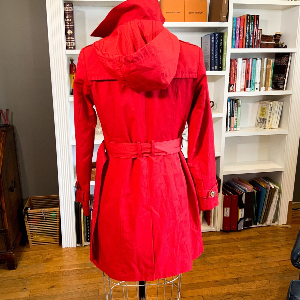 Cole Haan Double Breasted Trench Coat Crimson Red Size XS Belted Hooded