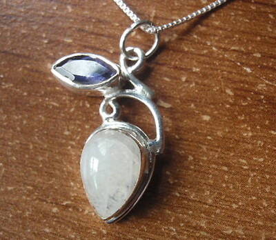 Moonstone Teardrop with Iolite 925 Sterling Silver Pendant a205k 
