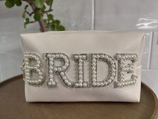 Handmade Pearl Rhinestone Embellished BRIDE Cosmetic Bag Wedding White or Black