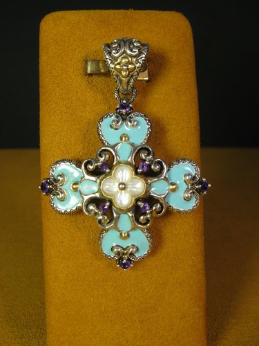 BARBARA BIXBY KREUZ TÜRKIS EMAILLE AMETHYST BLUME Verstärker Anhänger Designer