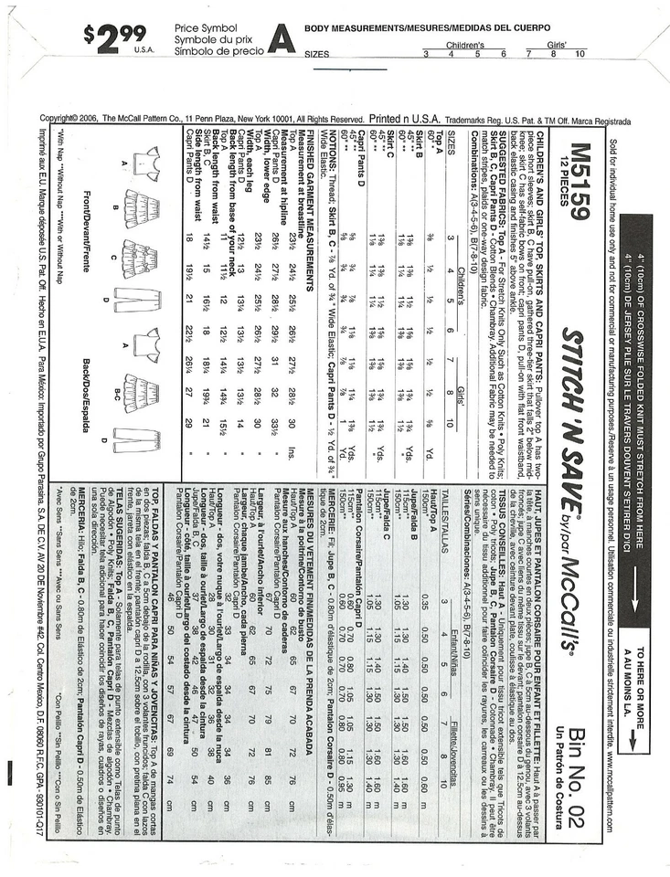 2006 McCall's M5159 Easy Stitch 'n Save Child's Top Skirts Capri Pants pattern - Image 2 of 3