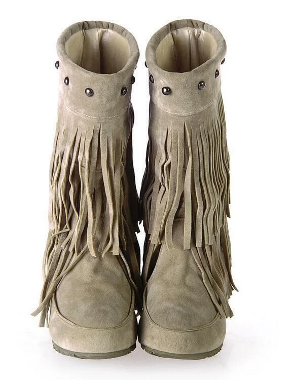 2025 女式铆钉流苏条纹中筒隐藏莫卡辛踝靴楔形鞋 — 第 4/4 张图片