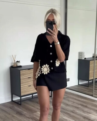 ZARA CROCHET KNIT POLO TOP BLACK CARDIGAN SS24 SIZES S-M & L-XL