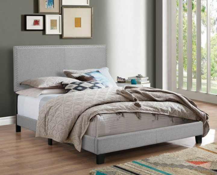 Queen Size Bed Complete Frame Set Upholstered Gray Bedroom Headboard Furniture 