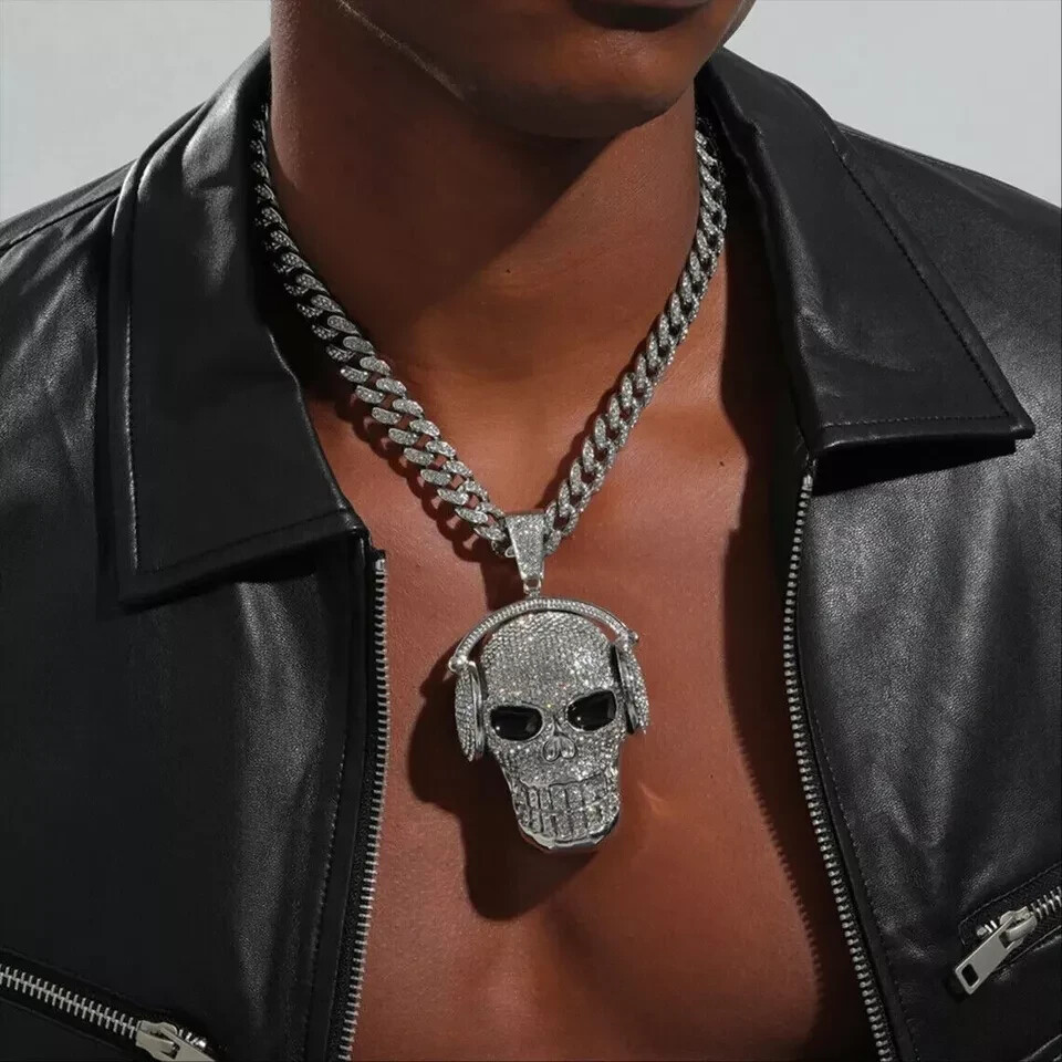 アクセサリー BIG skull TOP Big Skull With Headphones Hip-Hop Style Pave Set Cubic