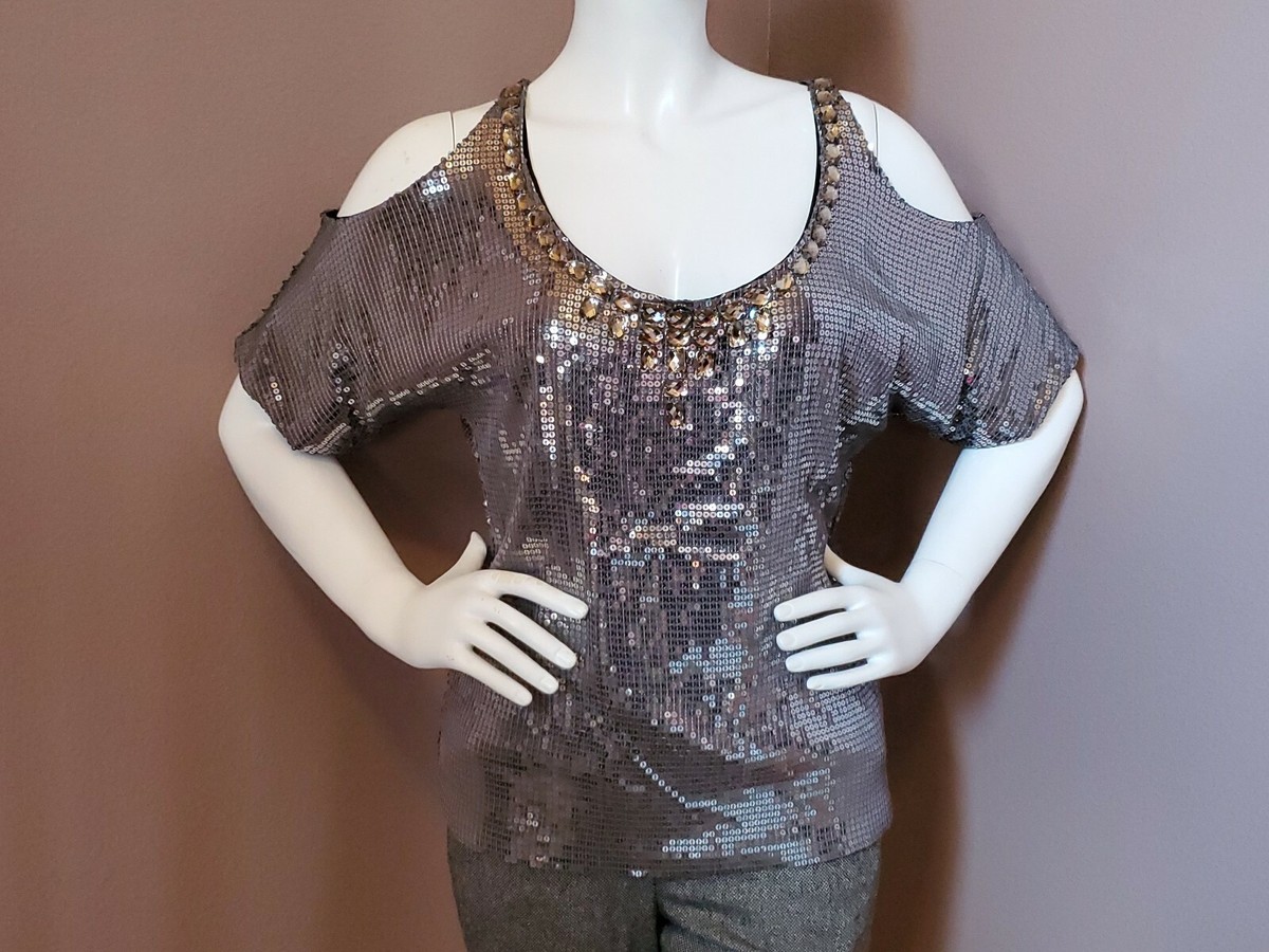 BOSTON PROPER gunmetal sequin cold shoulder top size M