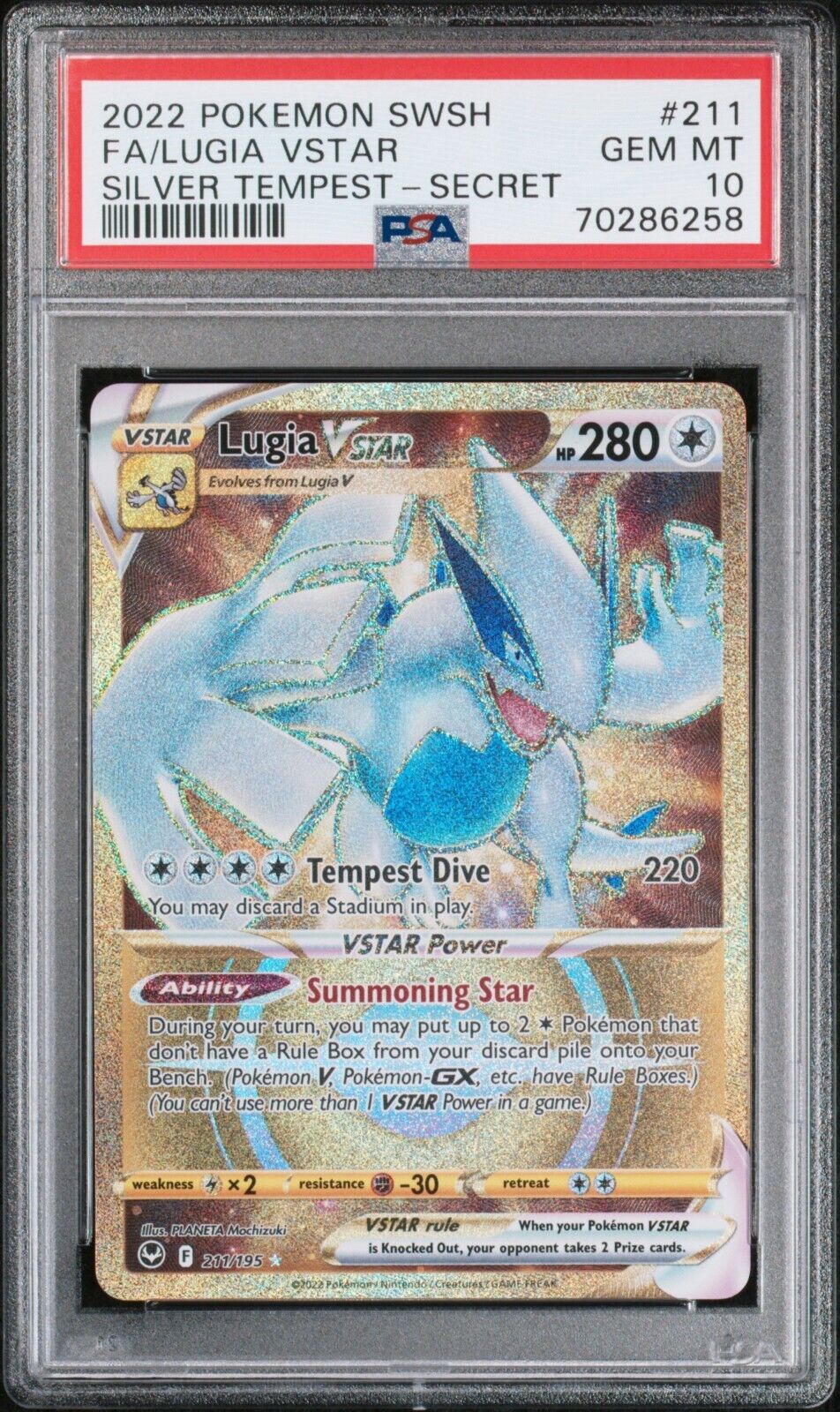 POKEMON CARD - LUGIA VSTAR 211/195 SILVER TEMPEST SECRET RARE GOLD PSA 10  GEM