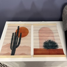 Boho Western Cactus Desert Sun Wall Art, Western Boho Home Decor, Set of 2