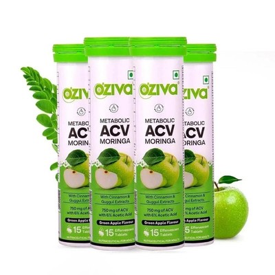 OZiva ACV Moringa Effervescent Tablets Green  15 Tablets 4 Pack