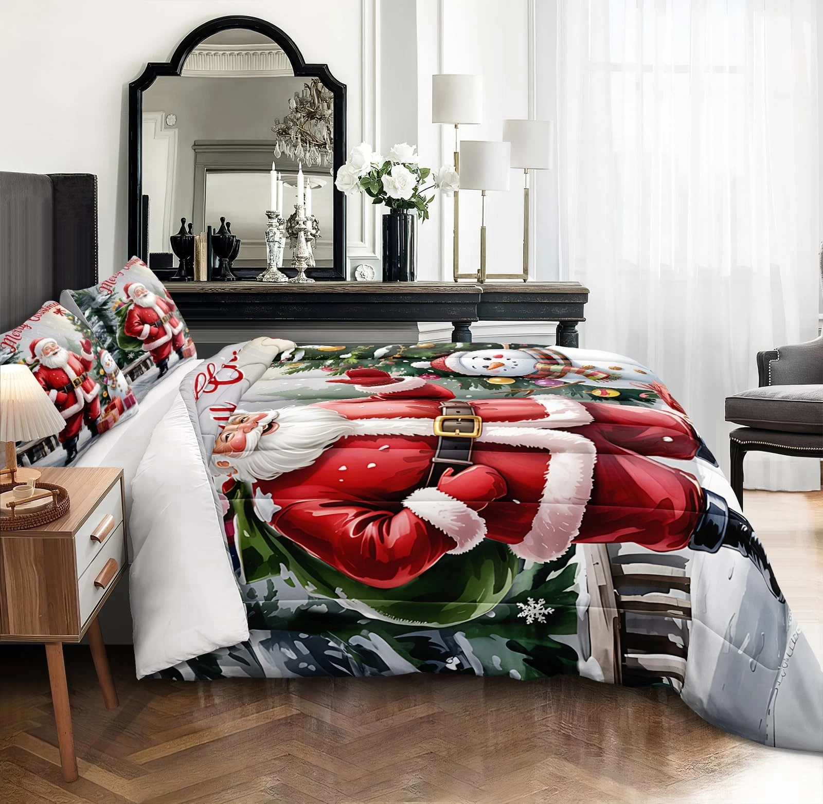 Santa Claus King Comforter Set with Snowman and Christmas Tree Bedding