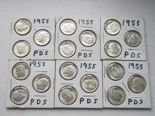 SIX SETS of 3 Roosevelt Dimes - 1955-D 1955-P 1955-S  18 BU Coins in All