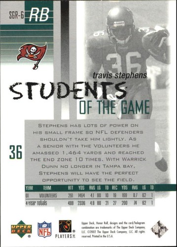 2002 Upper Deck Honor Roll Students of the Game #SGR6 Travis Stephens - FB - Picture 2 of 2