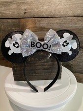 Disney Mickey  Minnie Mouse Ghost Ears Headband Silver Bow Halloween  Boo  