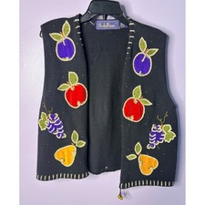 Vtg Embroidered Sweater Vest Black 80s 90s Sequin Fruit Women s Size Large READ