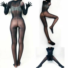 Women Men Oil Shiny Sheer Nylon Bodysuit Catsuit Glossy Bodystocking W Gloves
