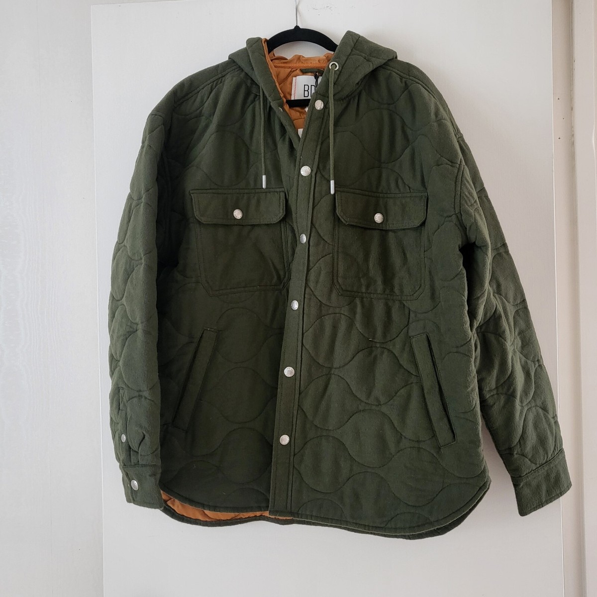 BDG Urban Outfitters Mens L Green Full Snap Quilted Hooded Chore Coat Jacket