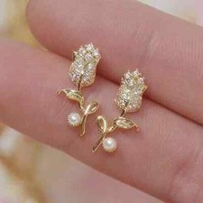 1CT Round Lab Created Diamond Rose Stud Women's Earring 14K Yellow Gold Plated