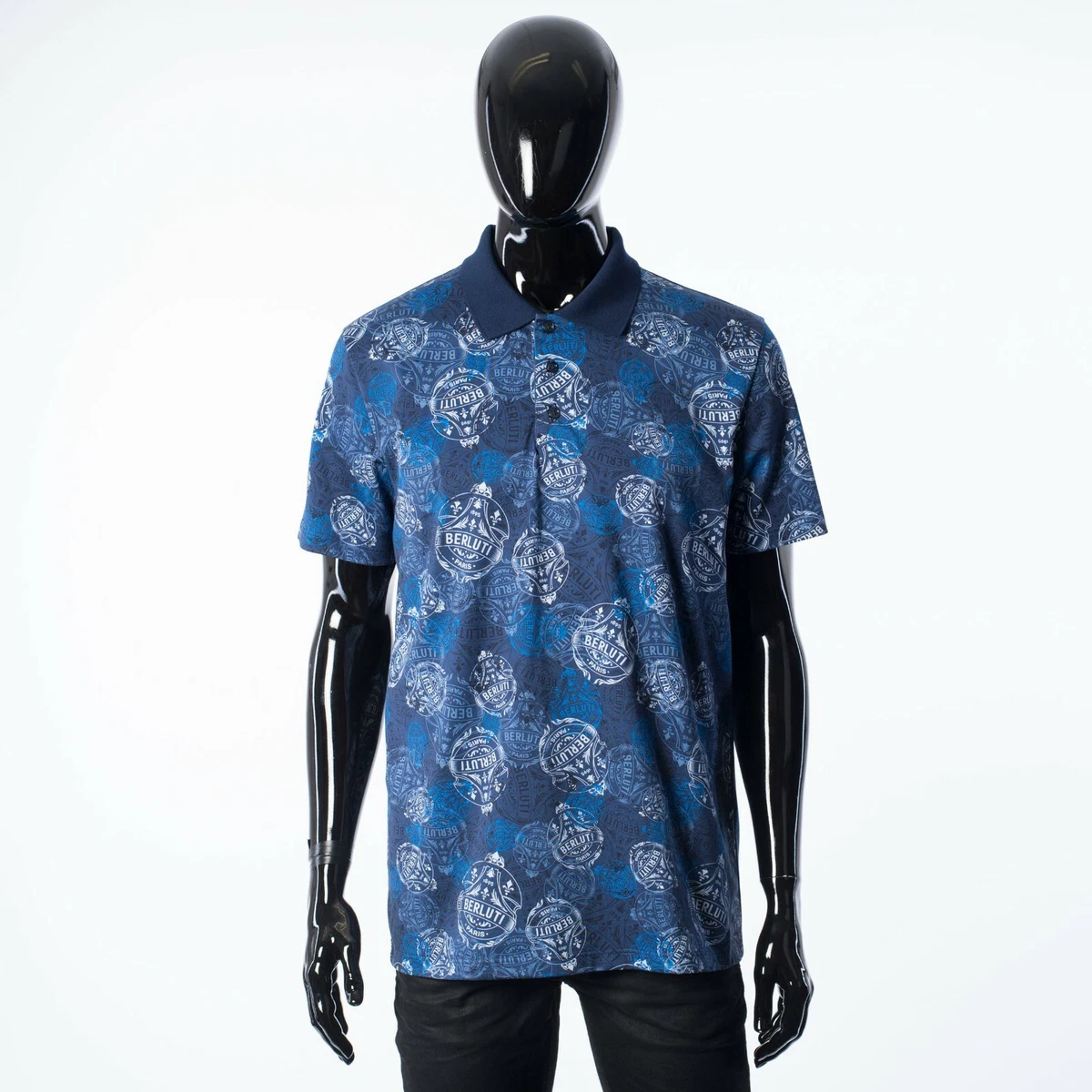 BERLUTI 540 Polo Shirt Space Blue Cotton Crest Logo Print