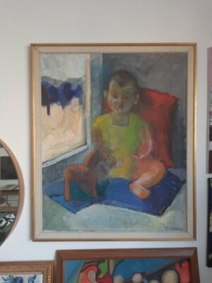 Kind Portrait mit Spielzeugpferd. Sehr gute Arbeit von Anna-Stina Nilstoft. 1964