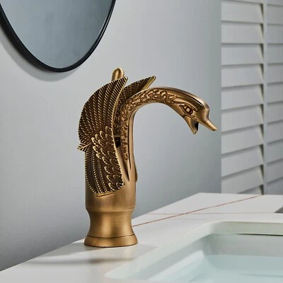 Animal Swan Shaped Antique Brass Bathroom Vessel Sink Mixer Tap Faucets 8an015