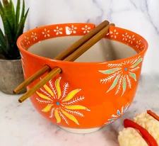 Japanese Flower Blossoms Ceramic Ramen Udong Noodle Soup Bowl and Chopsticks