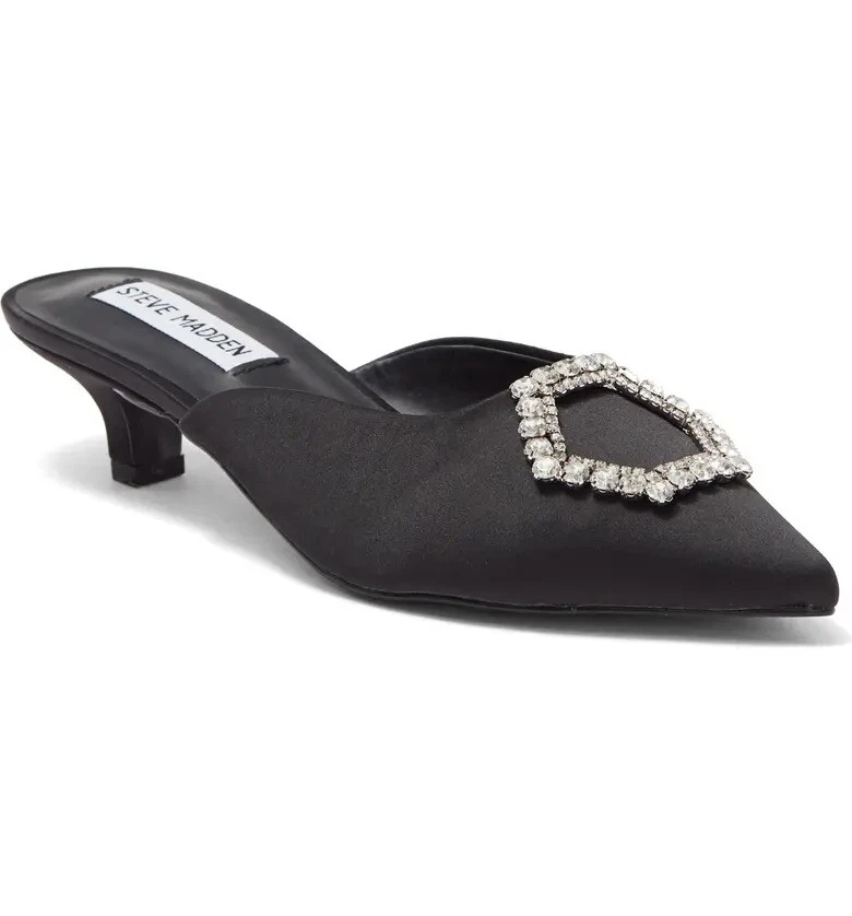 Steve Madden BLACK SATIN Women's Kees Rhinestone Embellished Kitten Mule, US 9.5