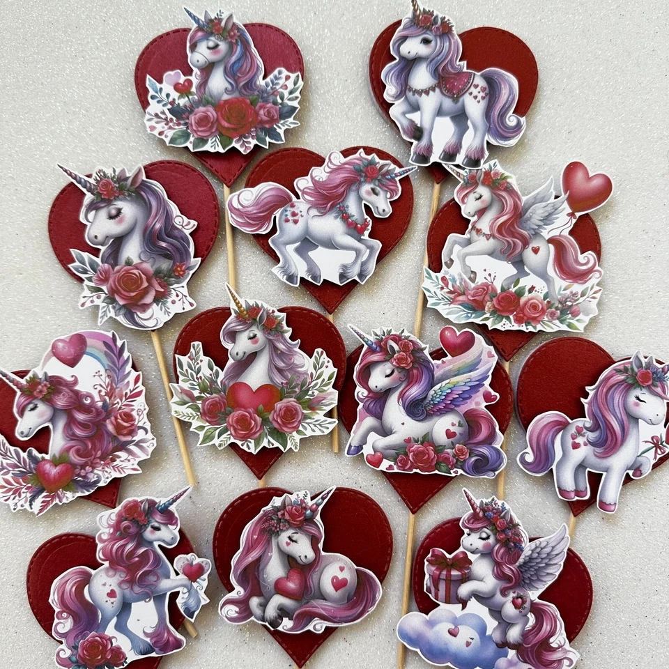 San Valentino unicorno love Decorazioni Cupcake toppers realizzati a mano - Immagine 2 di 4