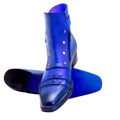 Handmade Blue Buckle Ankle Zipper Formal Stylish Dress Leather Boots For Men