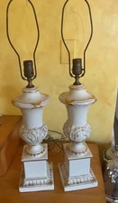 Vintage Cream And Gold Neoclassical Hollywood Regency Matched Pair Of Lamps