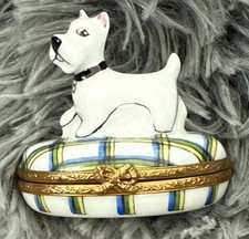 Vintage Limoges Westie Trinket Box Dog Plaid Cushion West Highland White Scottie