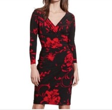 Lauren Ralph Lauren Dress Womens 4 Black Red Floral Faux Wrap Ruched Sheath Midi