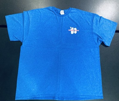 Vintage Trader Joes Short Sleeve Shirt Hibiscus Logo Uniform Splashy Blue 2XL
