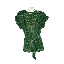 Max Studio womens M Boho Chic blouse VNeck Green Floral Ruffle sleeve tie waist