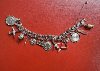 VINTAGE 13 STERLING SILVER CHARM BRACELET CUCKOO AIRPLANE TRAVEL XMAS TEACUP