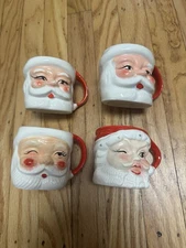 Vtg Christmas Set 4 Ceramic Santa Claus Face Mug Cup Smiling Winking Eye Japan