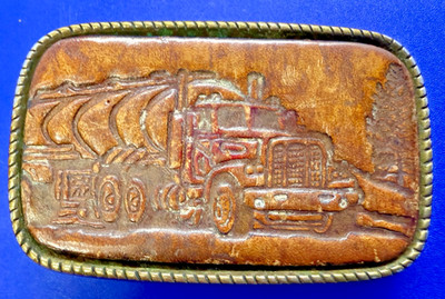 Semi Truck Logging Logger Embossed on Leather Brass Tone Vintage Belt Buckle 