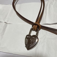 Used Hermes Heart Cadena 2004 Padlock Necklace Pendant Leather Cord With Box