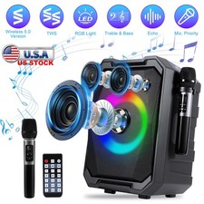 Portable Karaoke Machine Party Speaker with 2 Wireless Microphones LED Lights