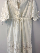 Accessorize White Cotton Broderie Smock Midi Dress V-Neck Puff Sleeve UK 12-14
