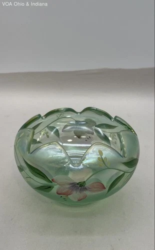 Fenton Art Glass Museum Collection 2002 Hand Painted Iridescent Mint Green Bowl