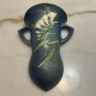 Roseville Pottery 1296-8 Blue Wall Pocket Cream Flower Freesia