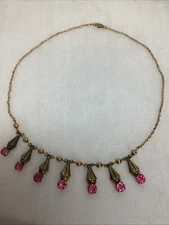 Vintage 1940’s Fringe Necklace 10k  Gold Filled & Pink Rhinestones 17”