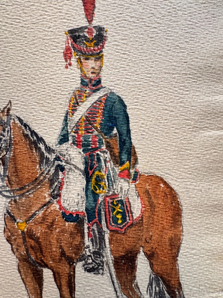 Antique 19th C French Gouache Painting Napoleonic Military Uniform Horse 6 x 9.5 - Image 3 of 4