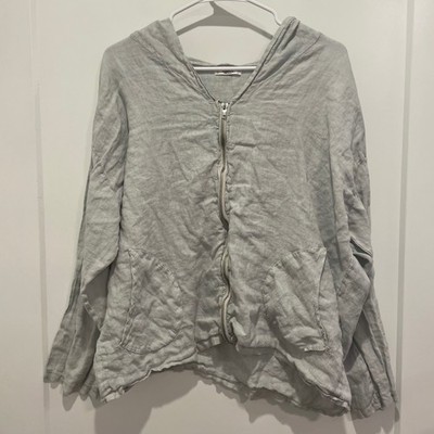 Florencia Italy 100% Linen Zip Up Hoodie Gray Lightweight Jacket Womens L/XL