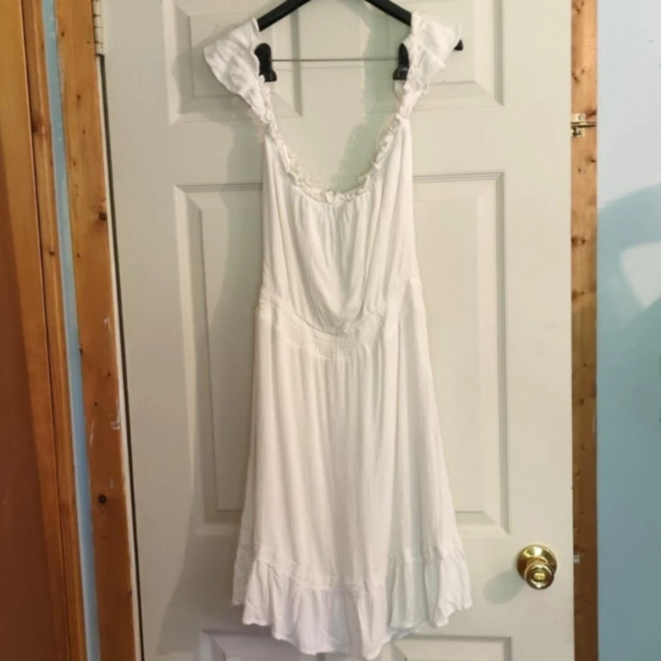 Lulus White Gauze Dress Sz Med Cottagecore Farmcore Clean Girl Off Shoulder Ruff - Image 3 of 4
