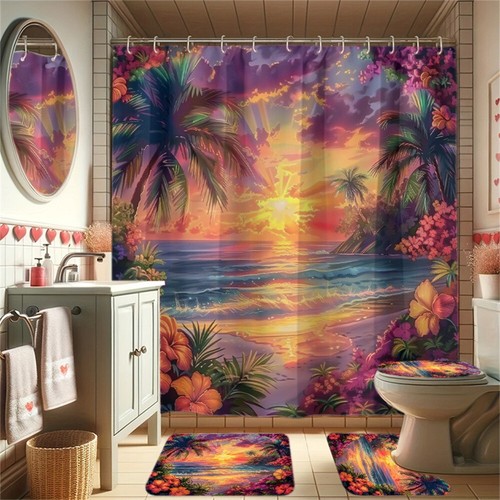 Sea Sun Tree Flower Waterproof Shower Curtain Bath Mat Toilet Lid Cover Rug Gift - Picture 2 of 19