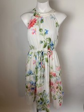 Ann Taylor White Pink Blue Green Floral Tie Waist Chiffon Dress 4 Lovely